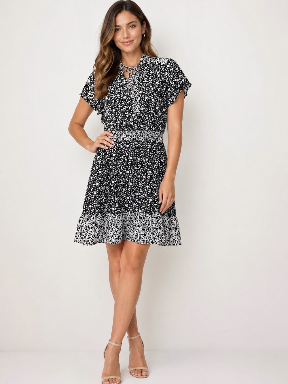 MELLODAY Black and White Floral Tie-Neck Mini Dress
